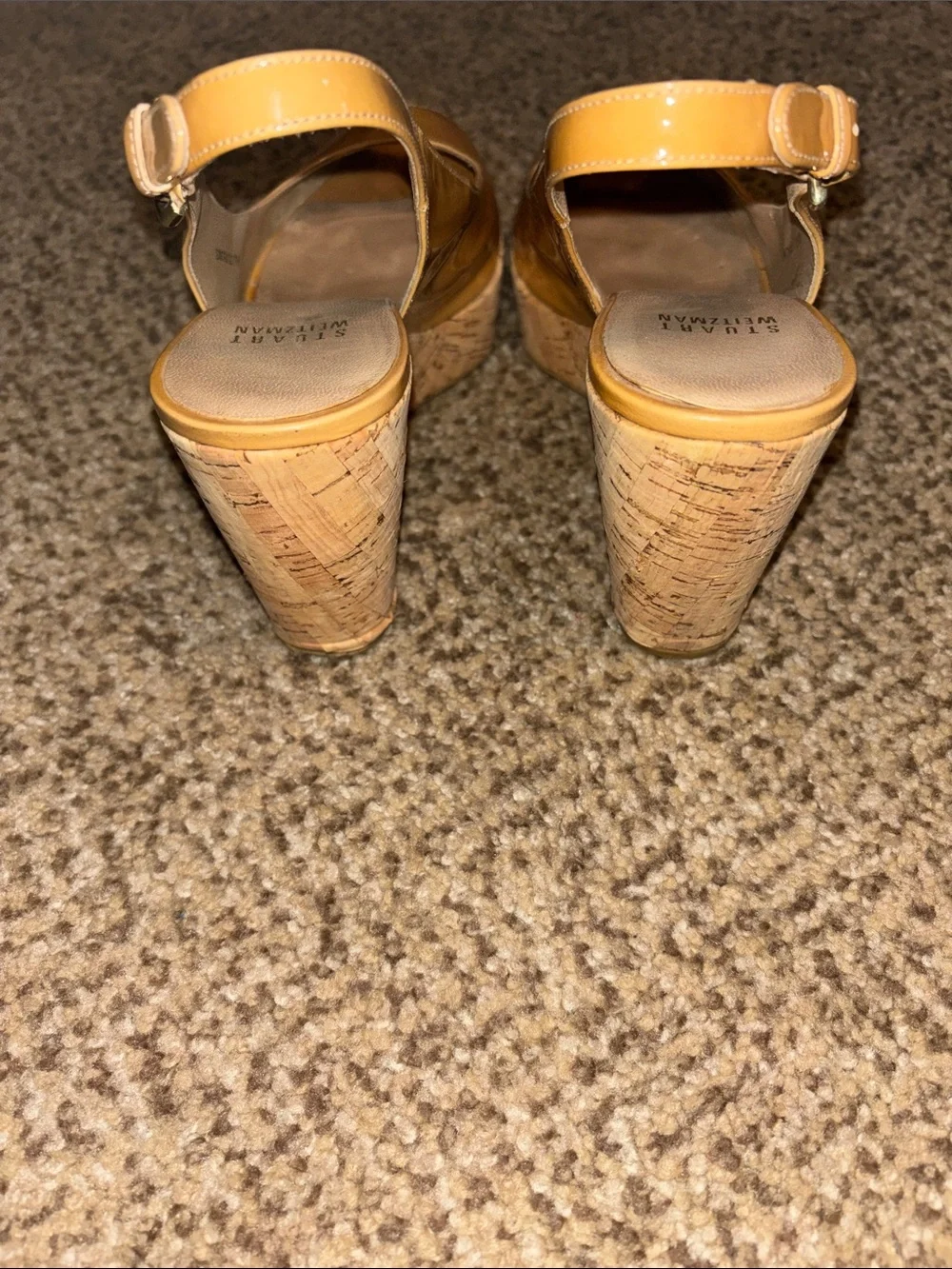 Stuart Weitzman Tan Peep-Toe Slingback Cork Wedge Heels 7.5 - Picture 7 of 8